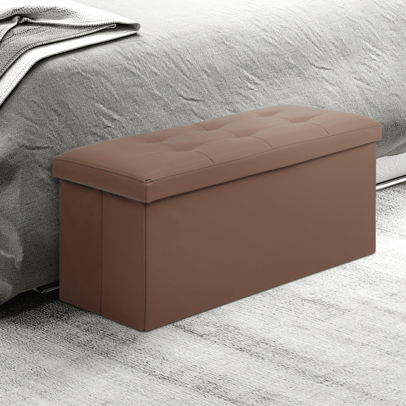 MoNiBloom 30" Folding Storage Ottoman Bench, PU Leather Collapsible Footrest Ottoman with Storage, for Living Room Bedroom Entryway, Brown