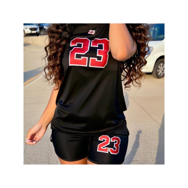 Women's Plus Size Black T-Shirt with Red Number 23 Print - 220g Heavyweight Pure Cotton, Loose Fit Short Sleeve Round Neck, Sporty Casual Summer Top for Outdoor Activities