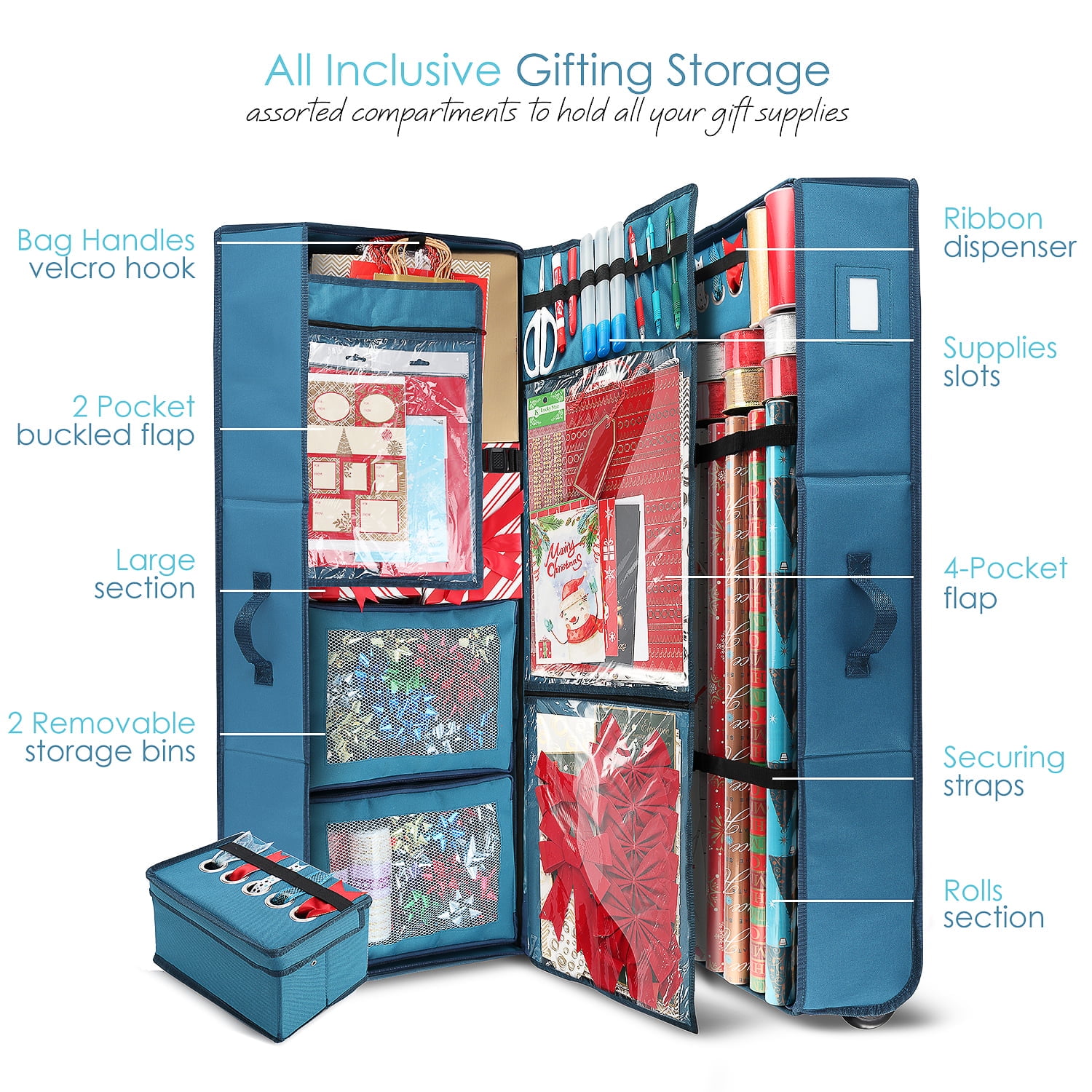 Hearth & Harbor Christmas Wrapping Paper Storage with Extra Christmas Storage Bins and Ribbon Storage Organizer, Gift Wrap Organizer with Wheels - Fits Up to 30 Rolls of 40", Blue