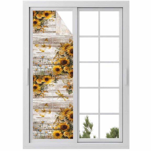 Farmhouse Sunflower Window Privacy Film, Vintage Daisy Butterflies Rustic Wood Static Cling UV Sun Blocking Heat Control Window Tint Day and Night, Non-Adhesive One Way Privacy Cover 17.7''x78.7''