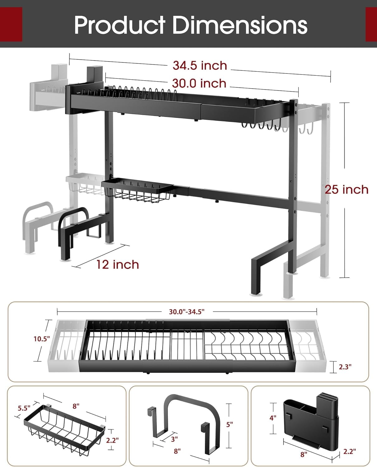 Dish Drying Rack - Over The Sink Dish Drainer Drying Rack with Utensil & Knife Holder, Hooks, Stainless Steel Kitchen Organizers and Storage Solution, 11.8" D x 31.5"~39.0''W x 30" H, Black