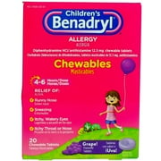 Benadryl Allergy Children's Chewable Tablets, Grape, 20 Ct (2 Pack) (Bundle)
