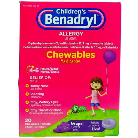 Benadryl Allergy Children's Chewable Tablets, Grape, 20 Ct (2 Pack) (Bundle)