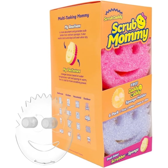 6 Scrub Mommy Kitchen Sponges & 1 Daddy Caddy Sponge Holder - Scratch-Free for Dishes & Multipurpose Cleaning - BPA Free & Made with Polymer Foam - Stain & Odor Resistant