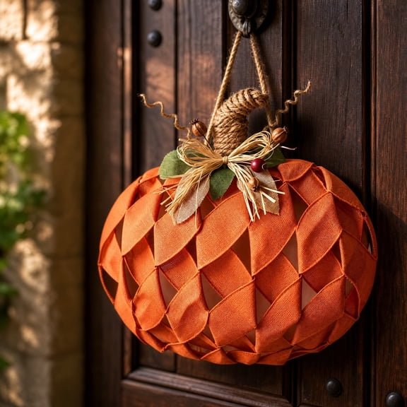 Fall Wreath, Pumpkin Wreath for Front Door, Fabric Halloween Wreath with Maple Leaves and Bow, Autumn Door Decor for Porch, Mantel, Wall, Indoor Outdoor Use, Thanksgiving and Halloween Decoration
