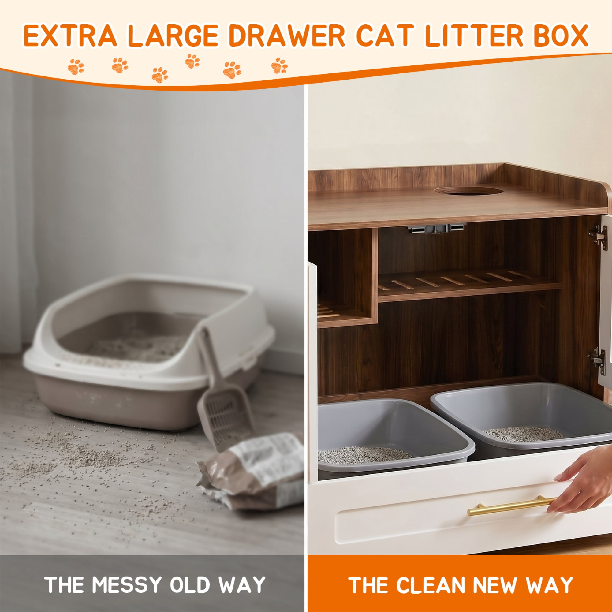 HOQBN Cat Litter Box Enclosure Furniture, Dog Proof Hidden Litter Box Cabinet with Acrylic Door, Extra Long Runway & Storage Drawer, Indoor Cat Play Area Brown+White