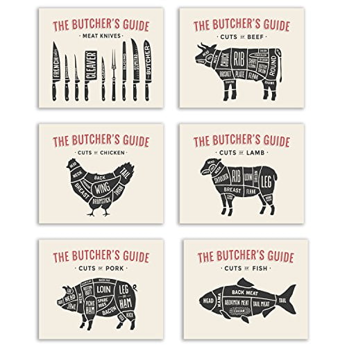 Affiche Guide du Boucher Prints - Décoration Murale de Cuisine - Ensemble de Six Photos Mates 8x10 - Art de Morceaux de Viande