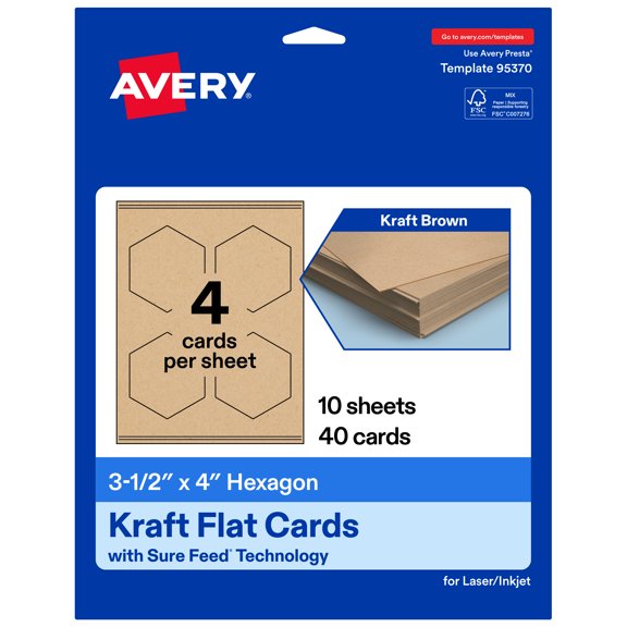 Avery Hexagon Flat Cards, 3-1/2" x 4", Matte Kraft Brown, 40 Total