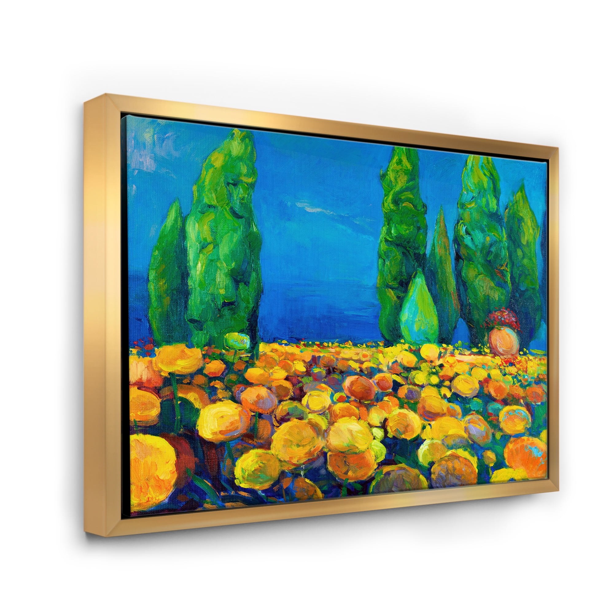 Yellow Blossoming Flowers Landscape With Green Trees 20 in x 12 in Framed Painting Canvas Art Print, by Designart
