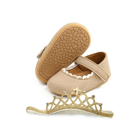 

Ymiytan Baby Girls Mary Jane Bowknot Flats First Walkers Crib Shoes Party Lightweight Fashion Comfort Princess Dress Shoe Khaki with Headband 4C