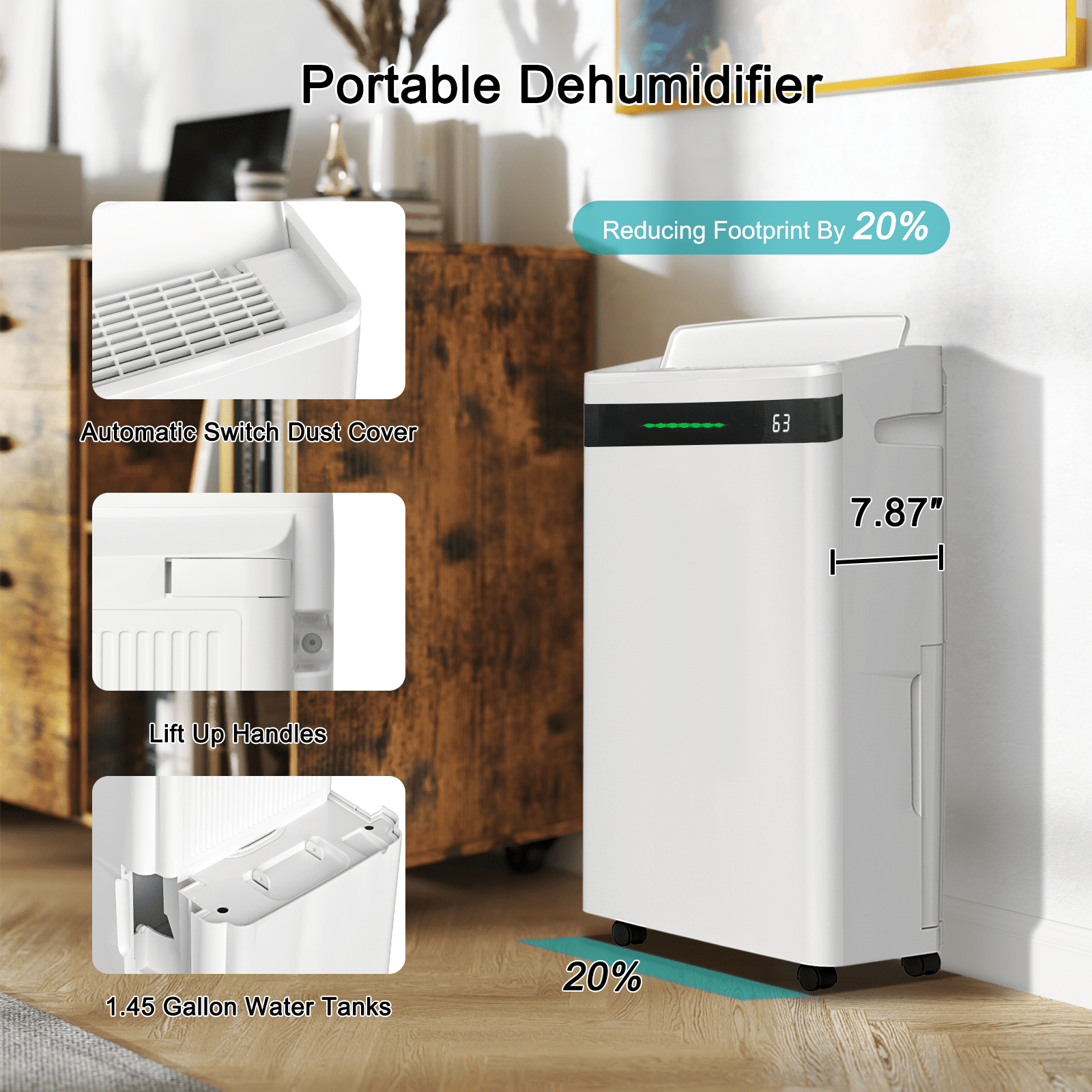 Rocyis 22 Pints (DOE) Dehumidifier for Home With a 1.45 gallon(5.5 L) water tank, Auto Drain or Manual Drainage ,  for 500 sq. ft. (MAX 70Pint at 95°F, 90%RH)