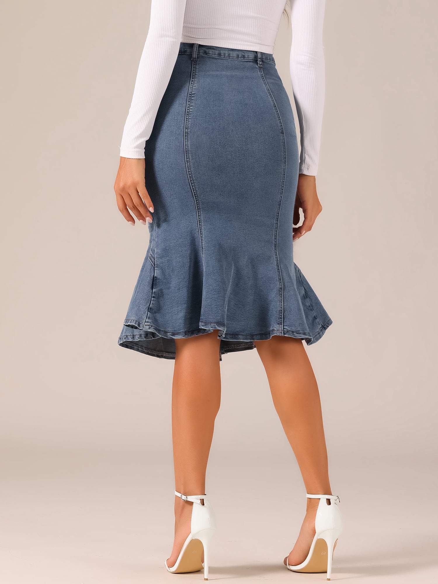 DARING DIVA Women's Denim Jean Bodycon Ruffles Fishtail Skirts S Grey Blue