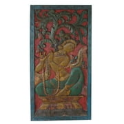 Mogul Antique Panel Krishna Fluting Under Kadambari Tree Wall Sculpture Barn Door Living Room Décor