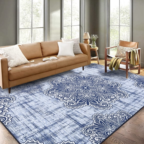 ZACOO 5'x7' Floral Distressed Grid Texture Area Rug Pet Friendly Foldable Machine Washable Non‑Slip Carpet for Living Room, Blue