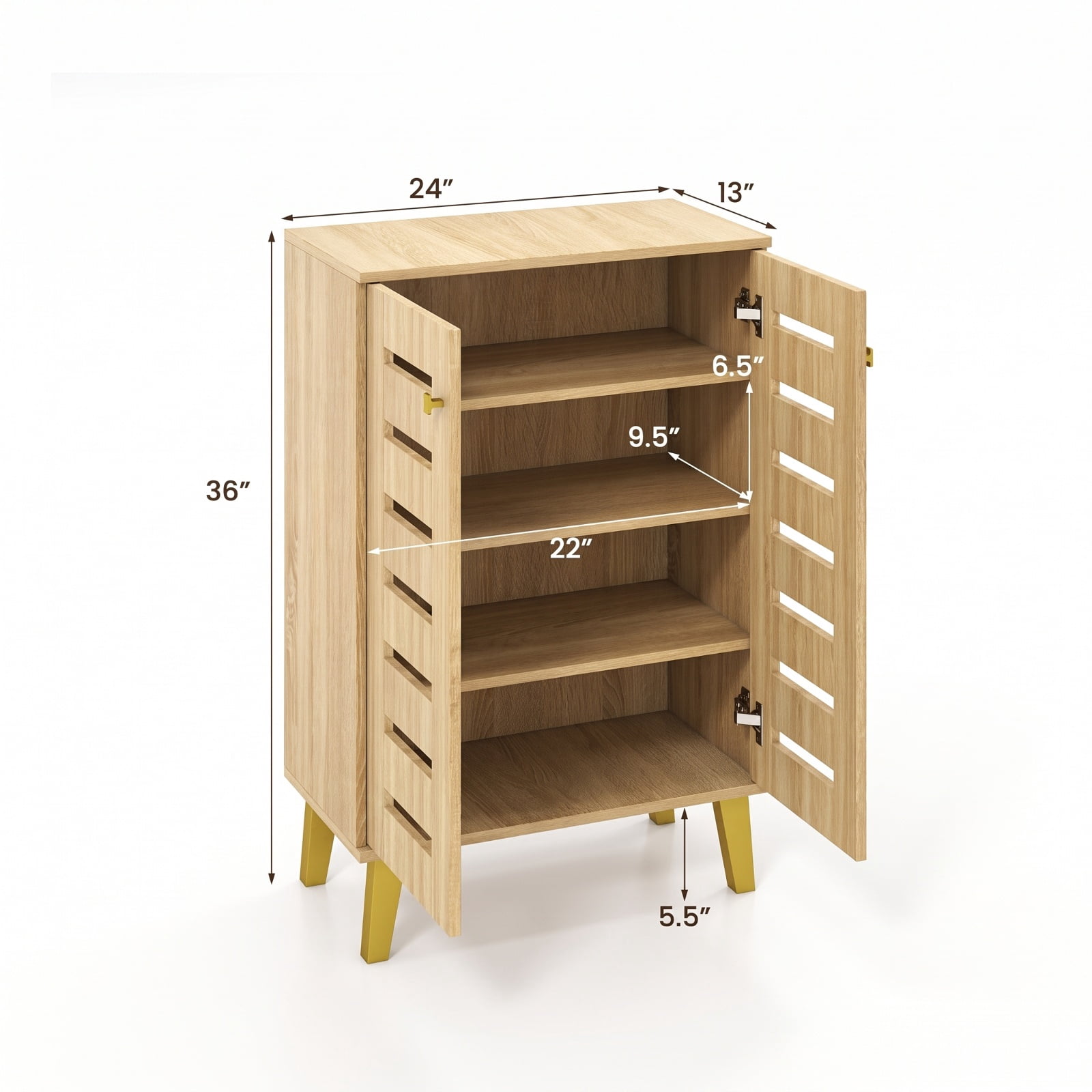 Furnibear 4 Tier Freestanding Wooden Shoe Cabinet with Louvered Doors and Removable Shelves for Entryway Hallway and Bedroom, Oak