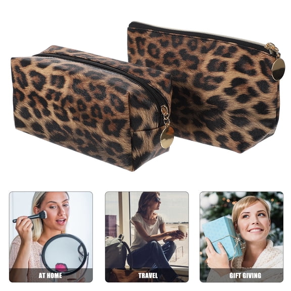 PAMINGONO 2-Pack Leopard Print Makeup Bags, PU Cosmetic Pouches with Zipper, Portable Travel Toiletry Storage Organizer