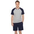 thumbnail image 2 of Purcoar Sykooria Men's 100% Cotton Pajama Set 2 Pcs Summer Crewneck Short Sleeve Raglan Pjs Sleepwear(Grey-blue,Large), 2 of 5