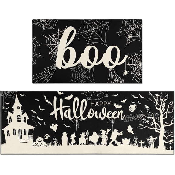 Halloween Kitchen Rugs and Mats Ghost Boo Non Slip Washable Kitchen Mats for Floor Vintage Skull Witches Home Door Mat Sets of 2 Decorations 17"x30" 17"x47"