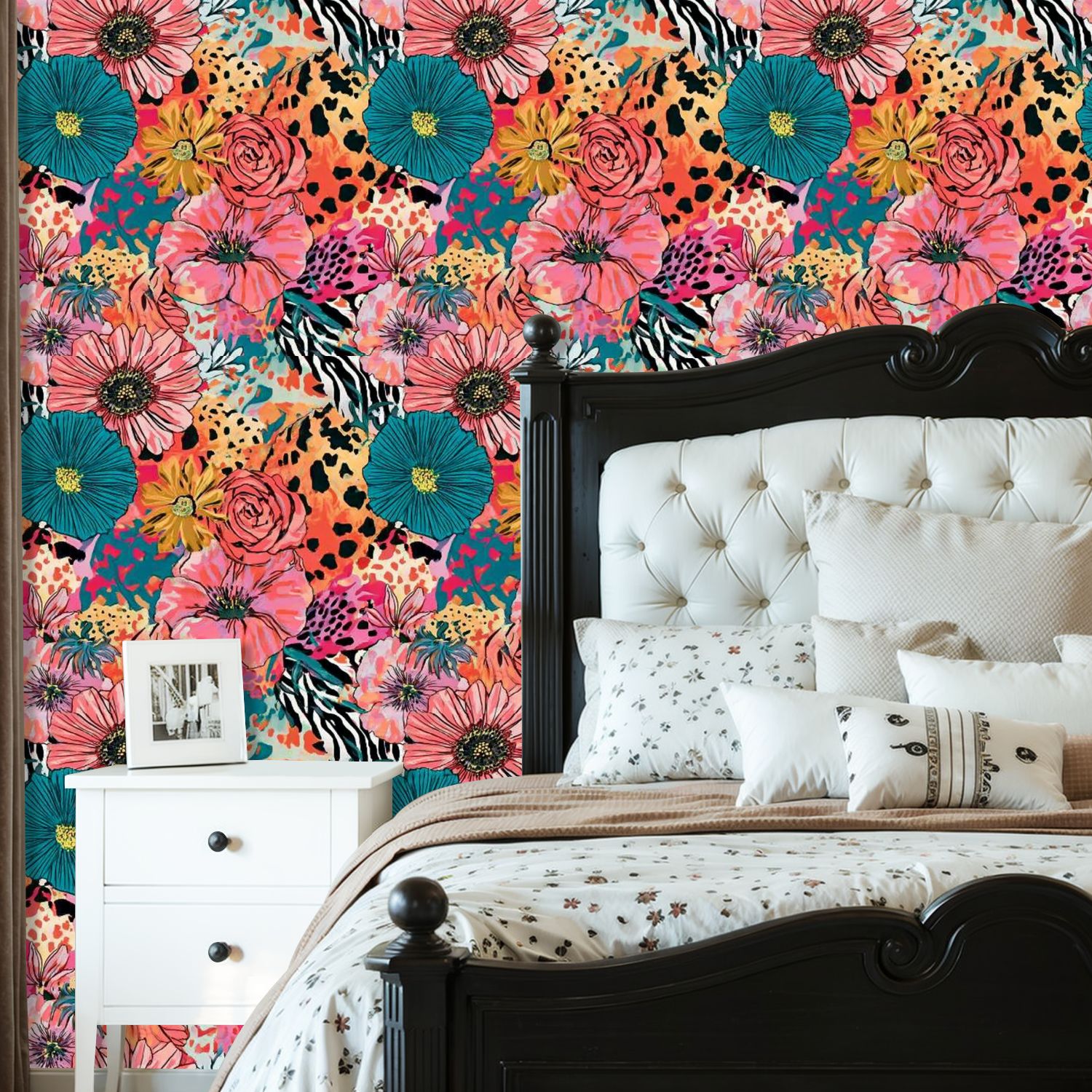 Peel and Stick Wallpaper 23.6in x 9.8ft Colorful Floral Animal Print Seamless Tropical Flowers Contact Paper Vinyl Self-Adhesive Removable Wall Paper for Bedroom Bathroom Renter Friendly