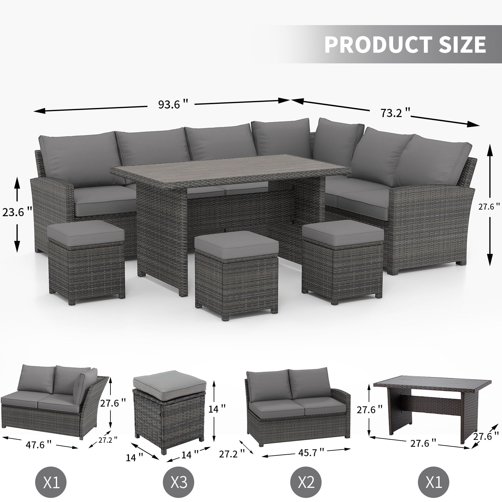 AECOJOY Patio Furniture Set, 7-Piece Rattan Wicker Sectional Sofa Couch, Outdoor Dining Conversation Set in Gray