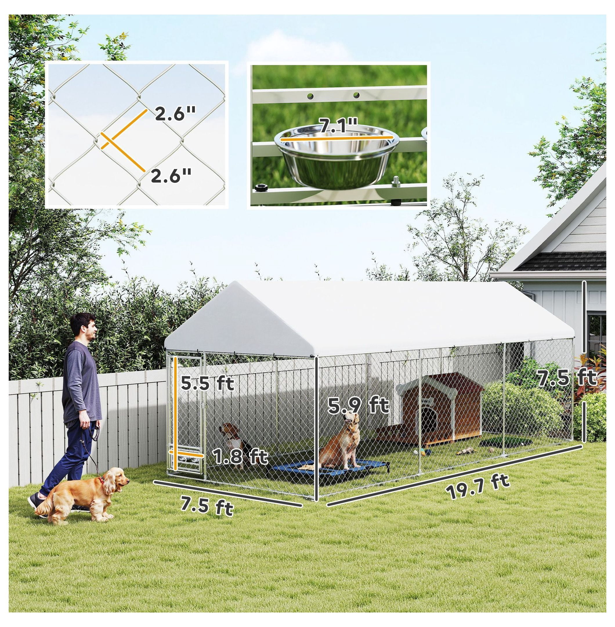 Outdoor Dog Kennel Large, 19.7' x 7.5' x 7.5' - Waterproof Run w/ Adjustable Bowl Rack & Secure Lock