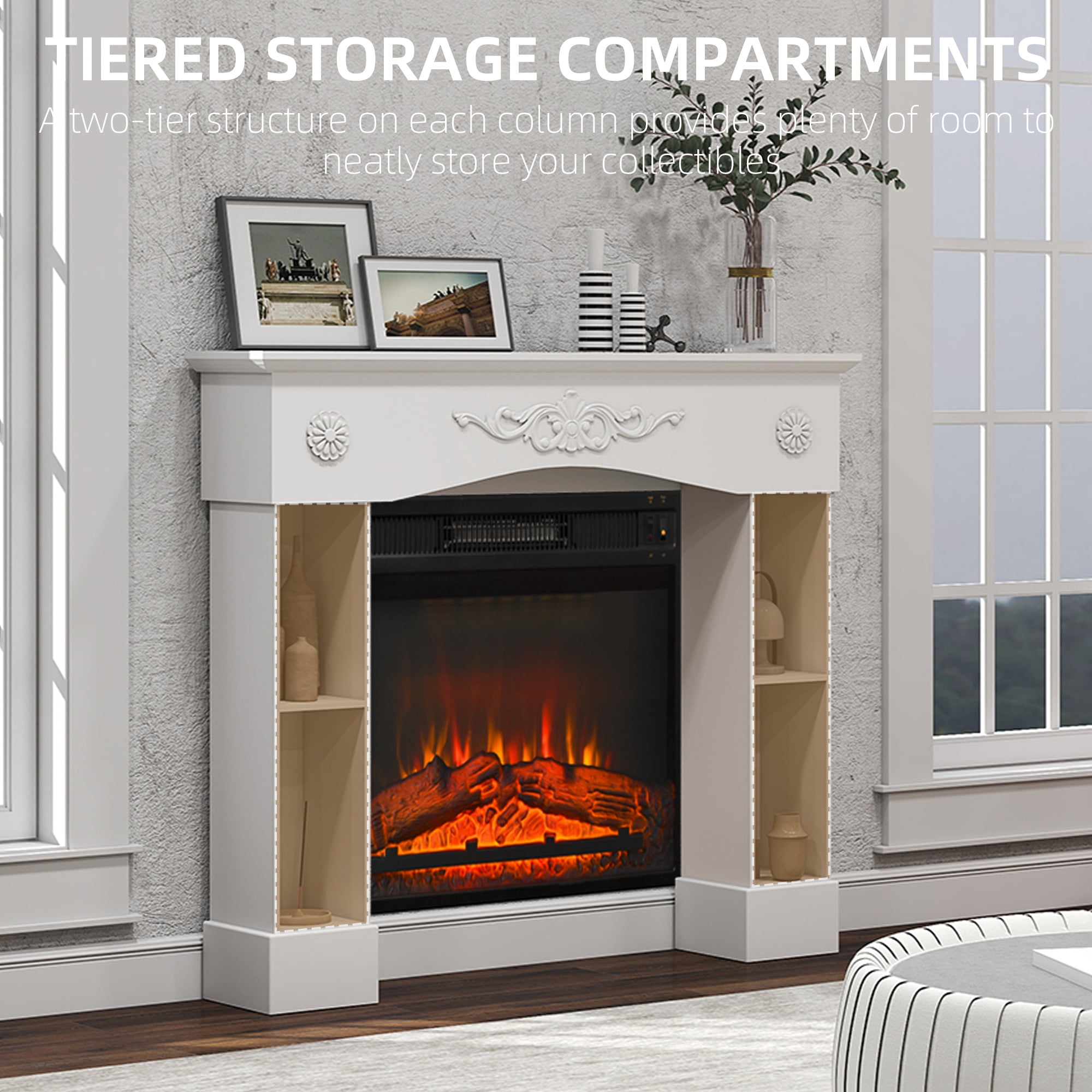 HOMCOM Baroque Fireplace Mantel, Freestanding Fireplace Surround for Electric Fireplaces, with Leg, 45.3" W x 39.4" H, White