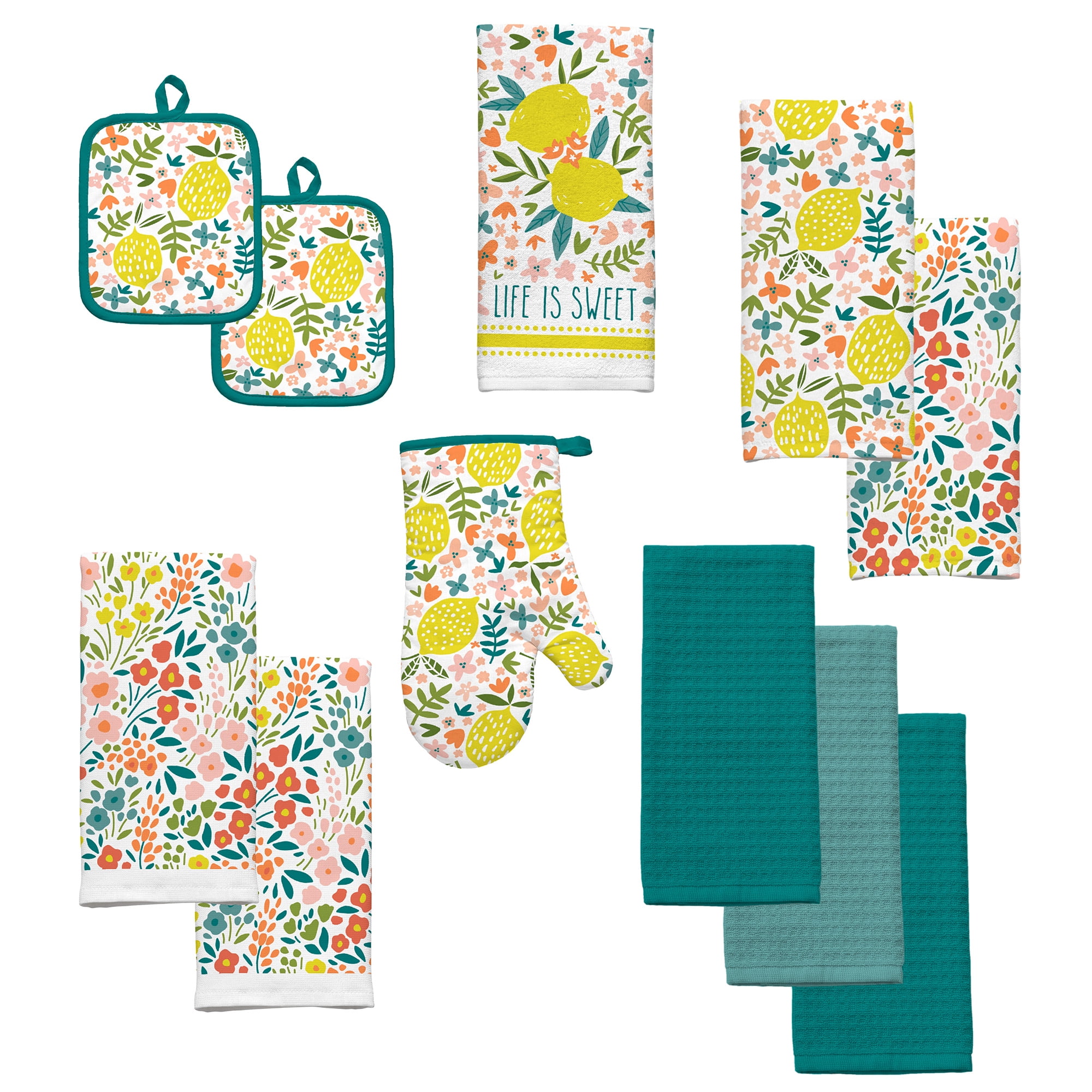 Mainstays Floral Lemons Kitchen Textile Collection, Set of 11, Kitchen Towels, Potholders, Oven Mitt