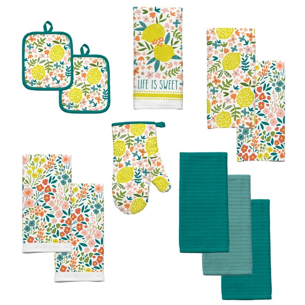 Mainstays Floral Lemons Kitchen Textile Collection, Set of 11, Kitchen Towels, Potholders, Oven Mitt