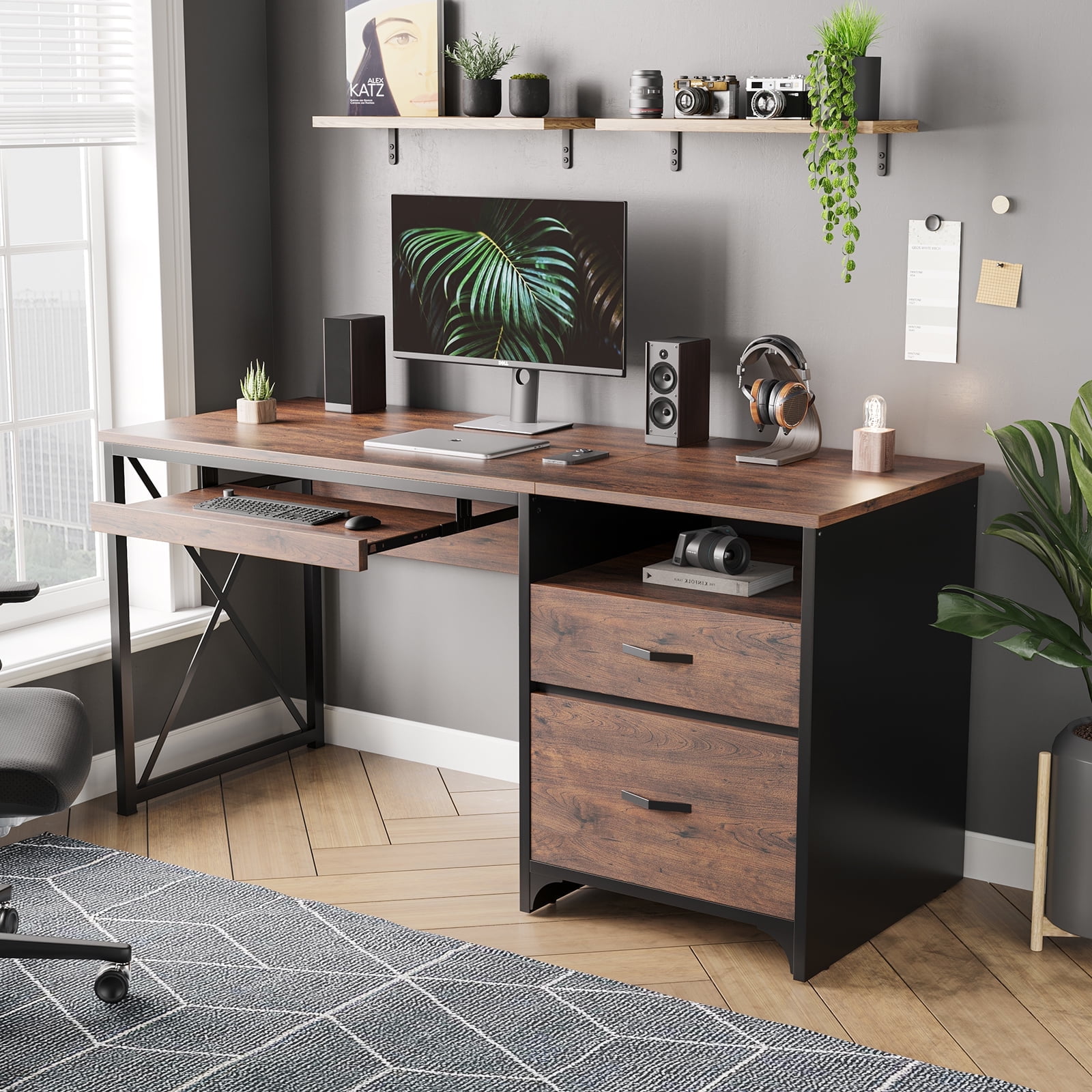 Bestier 55 inch Computer Desk with Storage Drawers & Keyboard Tray & File Drawer Home Office Desk Cherry