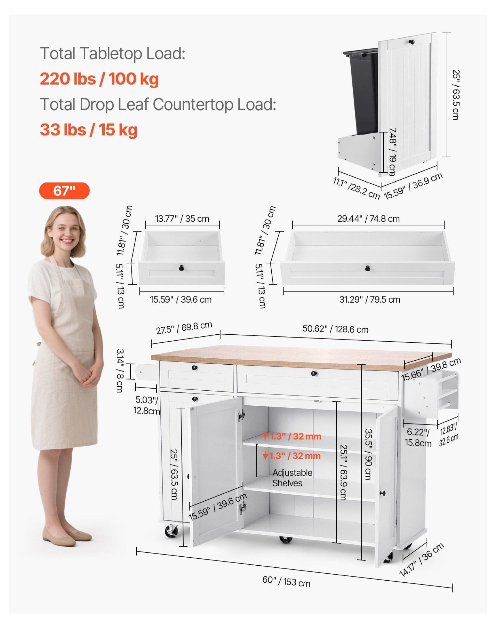 60in Kitchen Island Cart with Drop Leaf, Rolling Storage Cabinet Table with Drawer - Ample Storage & Lockable Wheels - Kitchen, Dining, Coffee Station