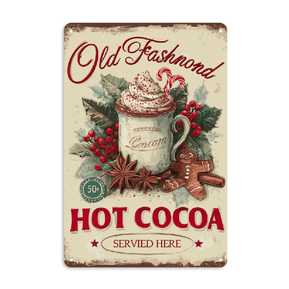 2D Flat Old Fashioned Hot Cocoa Served Here Tin Sign Vintage Christmas Hot Cocoa Metal Tin Sign Home Bar Cafe Coffee Shop Kitchen Wall Plaque 8x12 inch