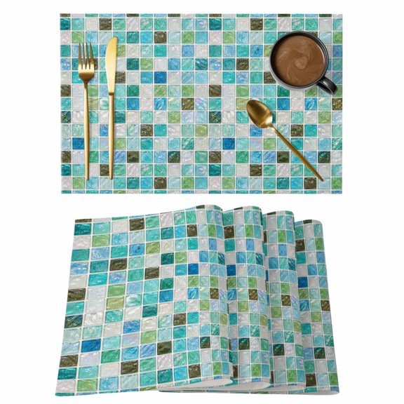 Mint Green Squares Placemats Set of 12, Modern Abstract Blue Teal Square Mosaic Plaid Non-Slip Place Mats Washable Table Mats for Kitchen Dining Table Decorations Indoor/Outdoor