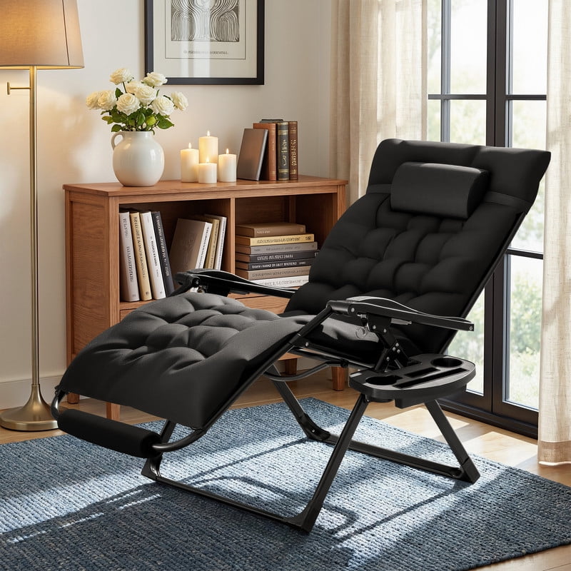 Homall Oversized Zero Gravity Chair with Removable Thick Cushion, Lawn Patio Reclining Chair Upgraded Alloy Lock and Cup Holder, for Indoor Outdoor, Black