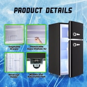 TACOOL Small Retro Mini Fridge with Top Freezer 100 Liter Dual Door Compact Refrigerator with Adjustable Thermostat LED Light, Low Noise for Dorm Black