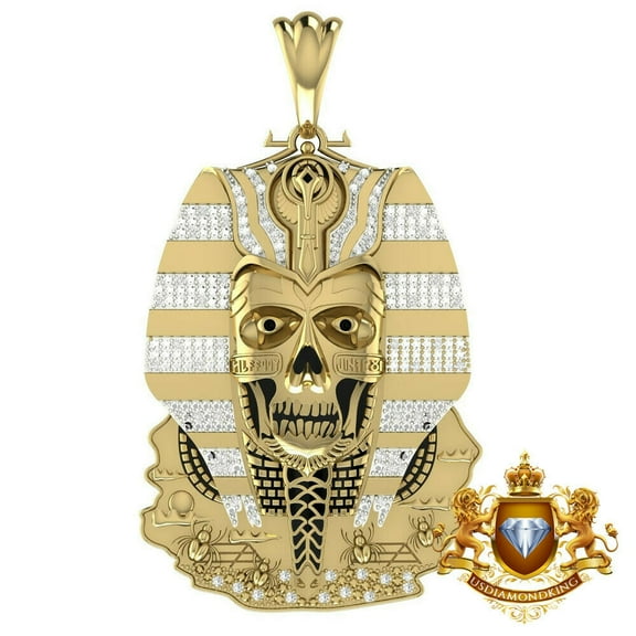 Real Diamond Egyptian Skull Pharaoh King Tut Charm 10K Gold Over Pendent 2.75''