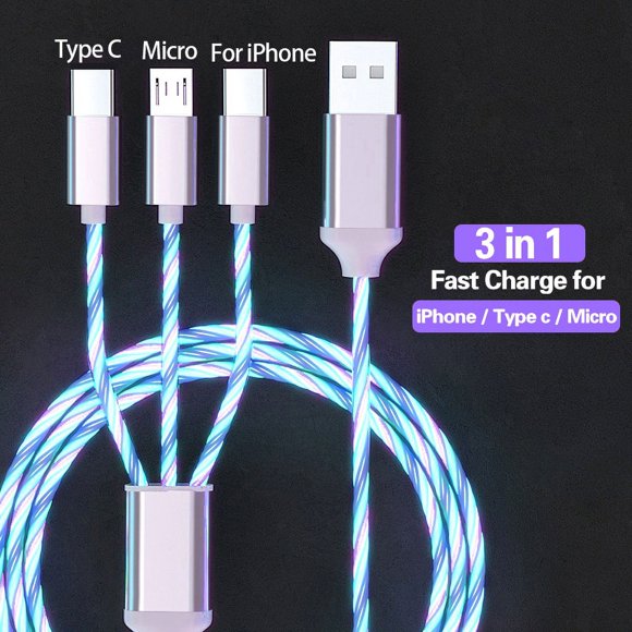 3 IN 1 Glowing LED Light Phone Charger Luminous Cable For Xiaomi Iphone 14 Samsung S6 Phone Accessories Charge USB Type C Cord 3 in 1 MULTI_2 1m