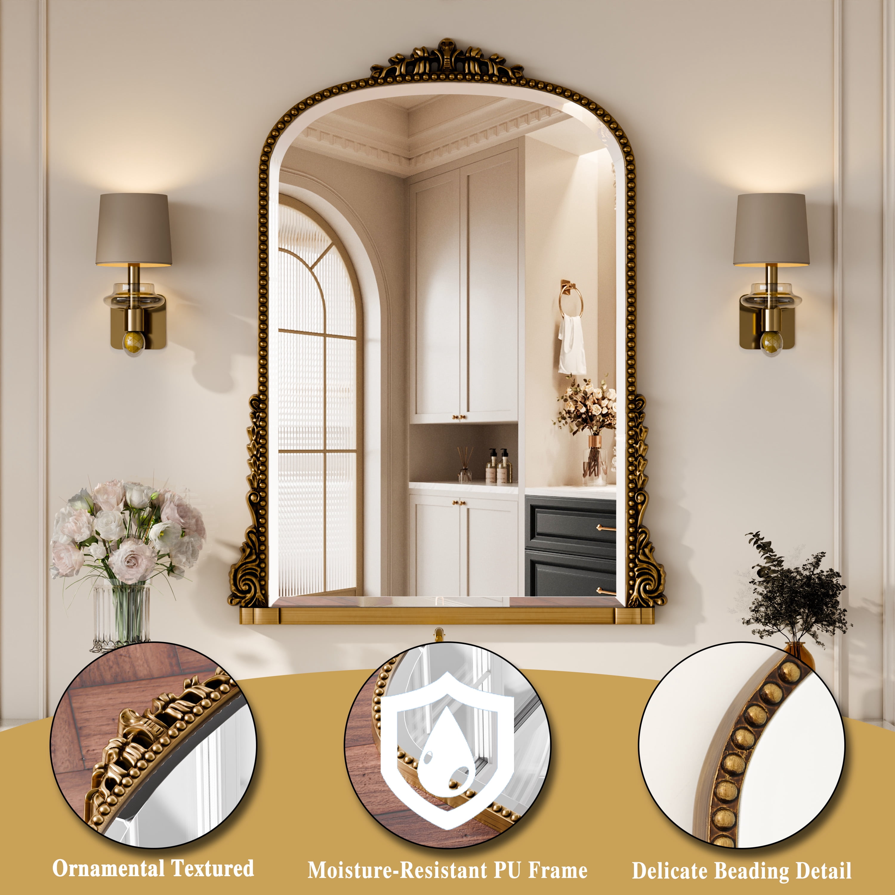GRAHMCY 40"x 28" Arched Bathroom Mirror Hanging Vanity Mirror Decor Wall Mirror, Antique Gold