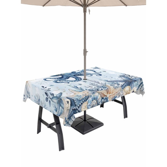 Outdoor Tablecloth with Umbrella Hole for Patio/Picnic/Party/Camping, Blue Octopus Coastal Waterproof Table Cloth Rectangle Table Cover Washable, Beach Starfish Nautical Coral Ombre (60"x 84")