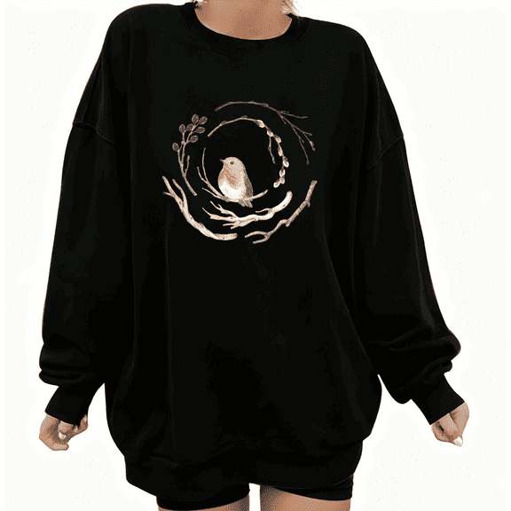 Women's Robin Bird Branch Wreath Printed Cotton Round-neck Long-sleeved Sweatshirt Black S-3XL