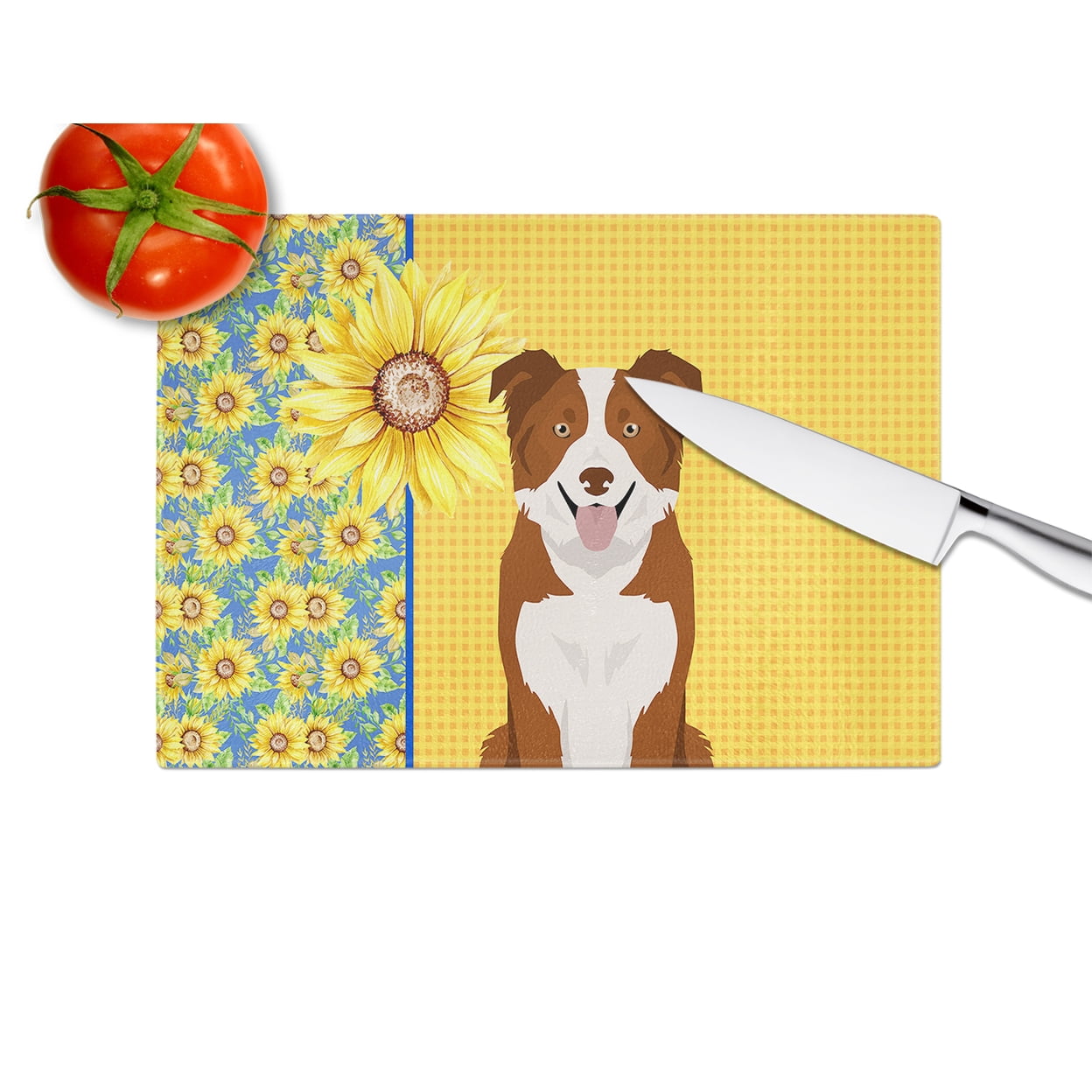 Summer Sunflowers Red and White Border Collie Glass Cutting Board Large 12 in x 15 in