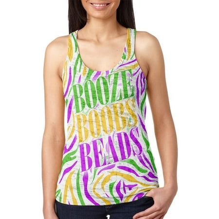 Burnout Zebra - Mardi Gras Booze Boobs Beads Zebra Costume Juniors Burnout Racerback Tank Top