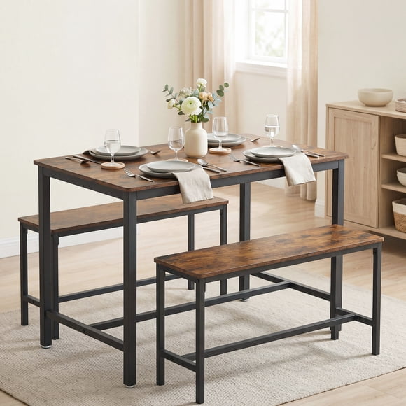 VASAGLE Juego de Mesa de Comedor y 2 Sillas, Juego de 3 Piezas, Mesa de 70 x 110 x 75 cm, 2 Taburetes de 30 x 97 x 50 cm Cada Uno, Industrial, Marco de Acero, Marrón Rústico y Negro KDT070B01