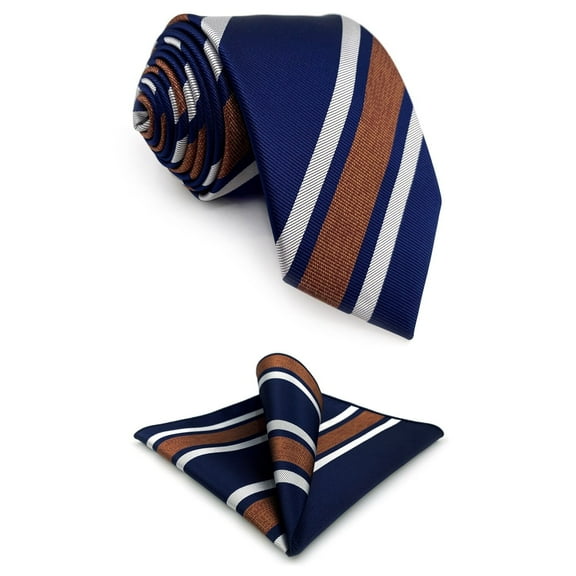 Striped Neckties for Men Navy Blue with White Brown Stripes Set with Matching Pocket Square 57.5"