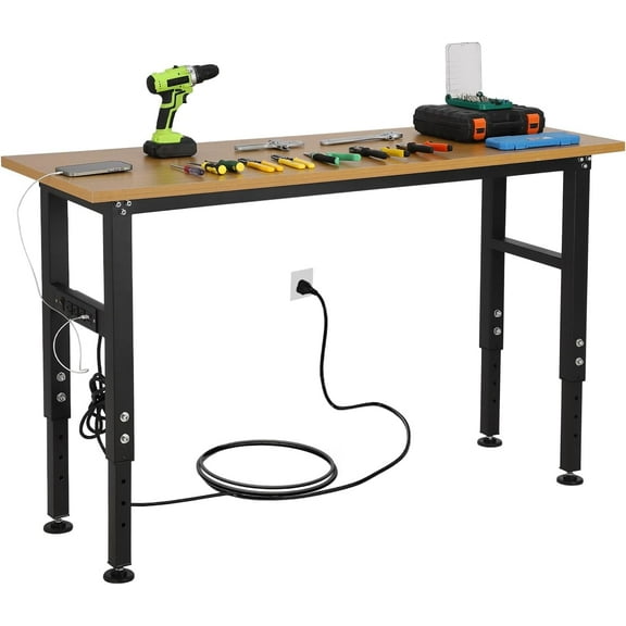 60" Adjustable Workbench with Power Outlet, Heavy Duty 60" x 20" Work Benches with Foot Pads, 2500 LBS Load Capacity Work Bench for Garage, Workshop