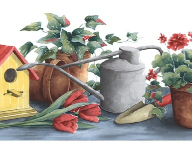 878728 Birdhouse Watering Can Geranium Wallpaper Border KK79370