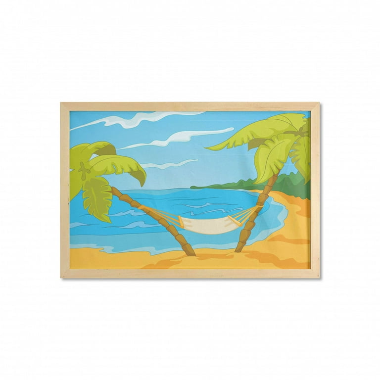 Art Blue Wall Art with Frame, Cartoon Animated Tropical Hawaiian Sea Themed  Hammock Between Palm Trees on Beach, Printed Fabric Poster for Bathroom  Living Room, 35 x 23, Multicolor, by Ambesonne 