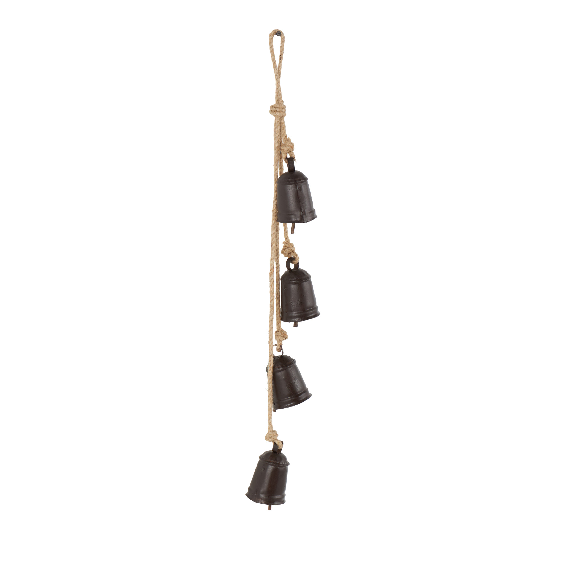 DecMode Tibetan Inspired Cascading Dark Brown Metal Cylindrical Decorative Bells with 4 Bells on Jute Hanging Rope