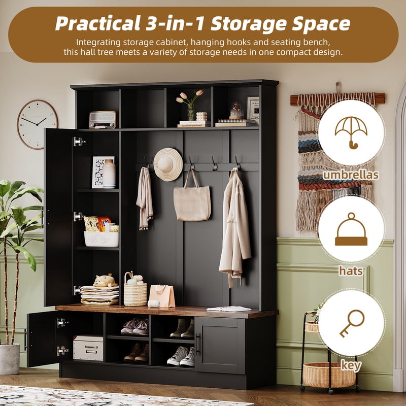 Farmhouse 3-in-1 Hall Tree with 6 Hooks, Versatile Storage Bench with Cabinets and Open Compartments, Entryway Coat Rack
