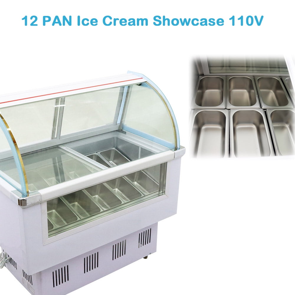 PreAsion Commercial Hard Ice Cream Showcase Refrigerator Display Case Gelato Freezer With LED Light 12 Pan