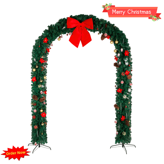 Tcbosik Christmas Arch with Ornaments, 8.6ft Holiday Archway with 1860 Branch Tips, Outdoor Xmas Decoration for Porch, Yard, Patio, Green